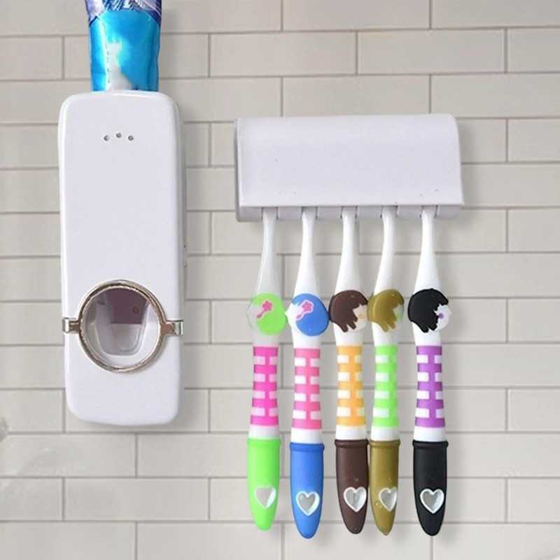 Automatic Plastic Toothpaste Dispenser with 05 Toothbrush Holder - Toothpaste Squeezer For Homes And Bathrooms 
